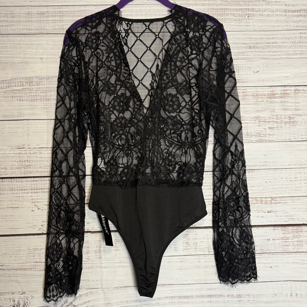 Allegra K Black Lace Long Sleeve Bodysuit (0296)